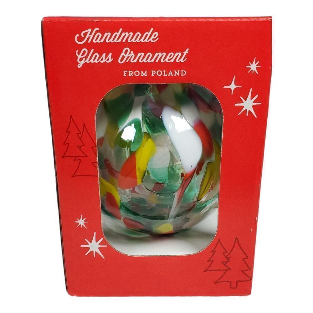 Glass Blown Ornament Christmas Tree Round Clear Red Green Decor Poland Handmade